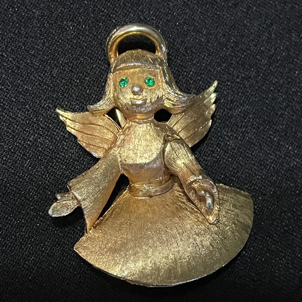 Vintage Jj Signed Gold Tone Angel WHalo Piercing Green Rhinestone Eyes Brooch 7$